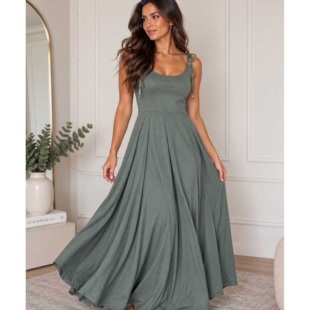 Quince Tencel Lyocell Jersey Fit and Flare Midi Dress Sage Green Womens XS